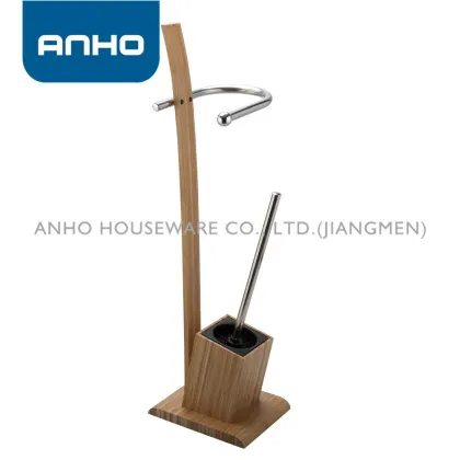 ANHO new bamboo S/S stand on floor rectangular toilet brush and paper rack