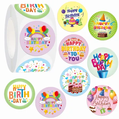 Round Happy Birthday Stickers - Self-Adhesive Vinyl Gift Envelope Decorations