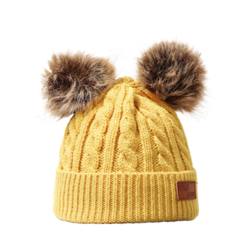 Winter Kids Girls Ribbed Crochet Beanie Hat with Faux Fur Pom Pom