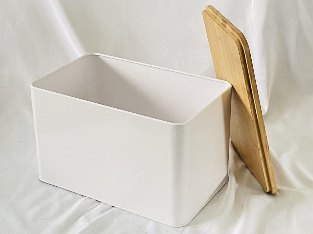 White Metal Wood Lid Bread Box