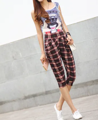 2016 The New Hot Sale Korean Women Plaid Seven Point Harem Casual Pants For Female C7504
