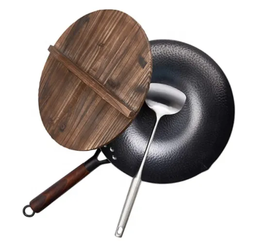 3 Pcs Flat Bottom Chinese Wok Traditional Hammered Carbon Steel Wok with Detachable Handle