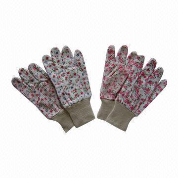 Gardening gloves, drill cotton material, full floral design with PVC dots on palm