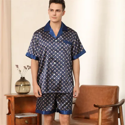 Men's Summer Printed Shorts & Ice Silk Pajama Set