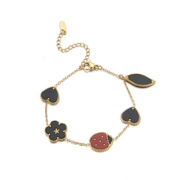 Yiwu Aceon Stainless Steel Jewelry - 5 Charms Colorful Bracelet (White, Black, Red, Shell, Heart, Clover Leaf, Ladybird)