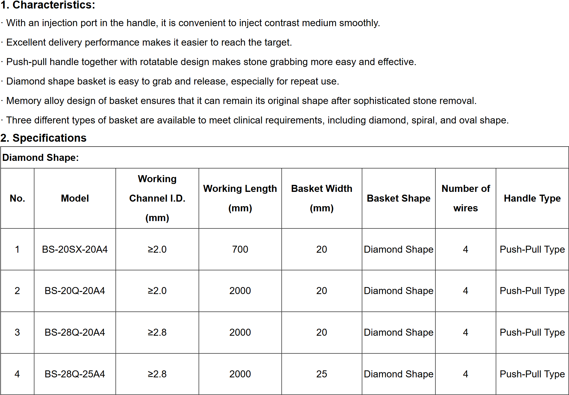 Disposable Endoscopic Stone Retrieval Basket-Specifications1