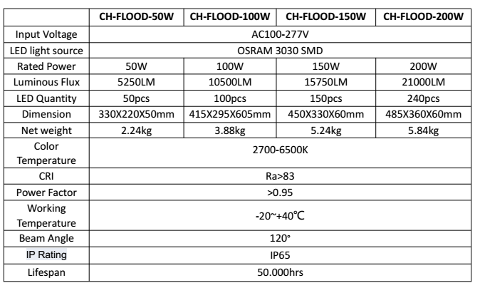 led flood light 200w specification