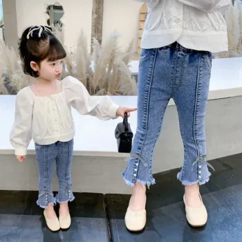 Wholesale Baby Girls Micro Pull Denim Pants with Slit Elastic Waist