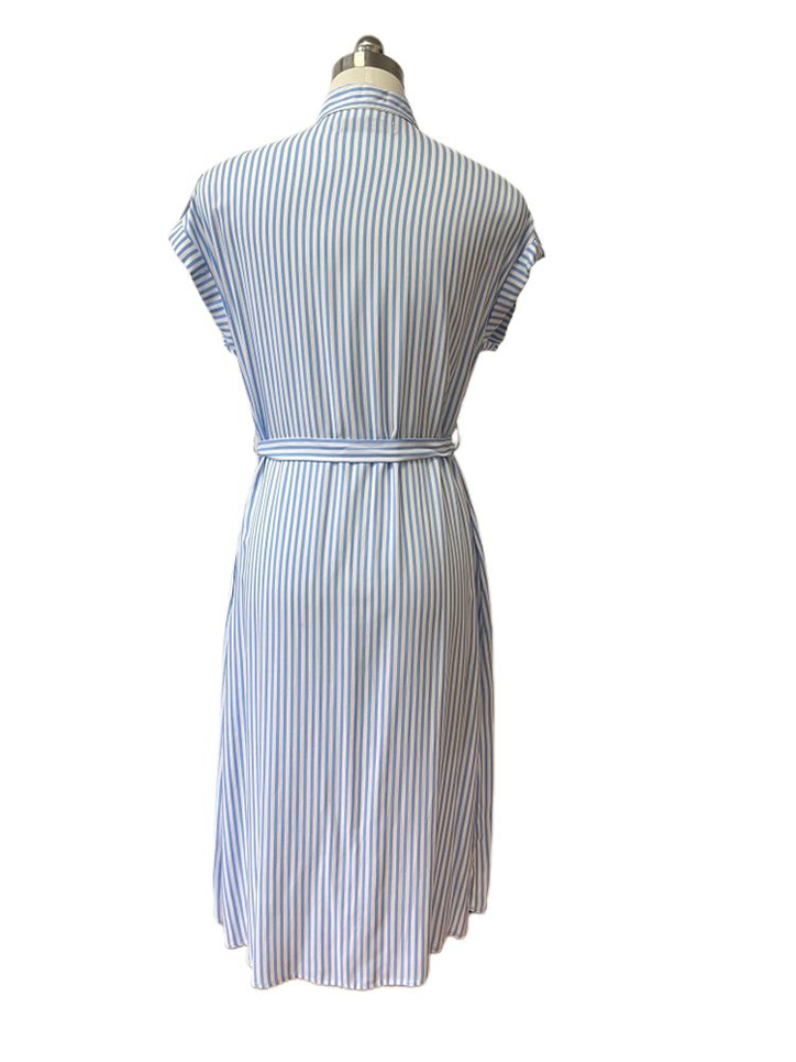 Blue White Viscose Stripe Print Short Sleeves Front Button Fastening Belted Waist Midi Dress