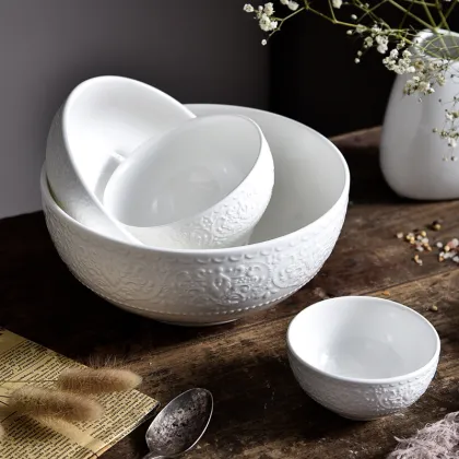 Wholesale Hotel Royal Worsted White Embossed Porcelain Dinner Bowl