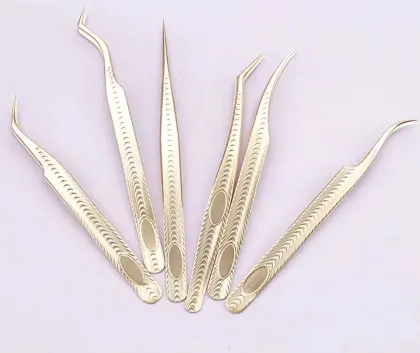 Qianya Custom Logo Eyelash Extension Tweezers Set - Gold EyeLash Tweezers with Fiber Tips