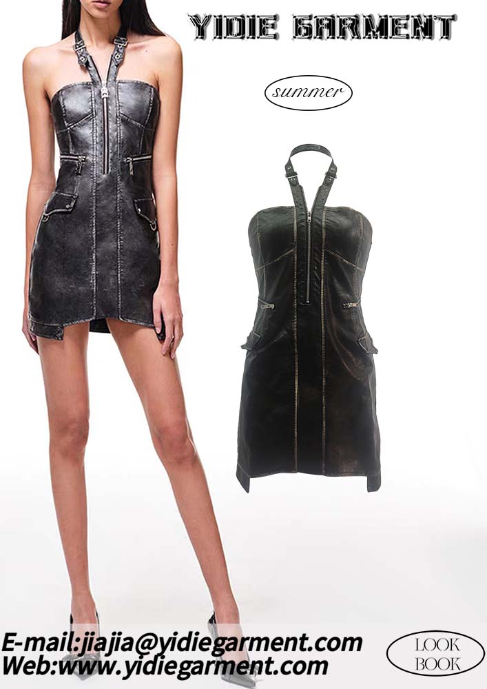 Matte Antique Halterneck Leather Mini Dress Jpg