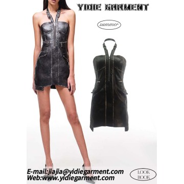Matte Antique Wallet Halterneck Leather Mini Dress