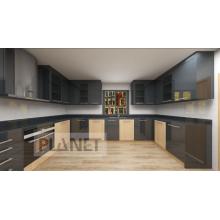 Black and wood veneer custom kitchen cabinets