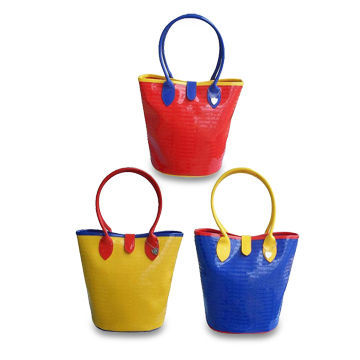 PVC Handbags with Fully Embossed Logo, Round Handle, Fully Printed Lining and Snap Strap Closure