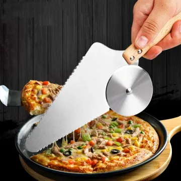 Multi-Functional Stainless Steel Pizza Tools Two-in-One Pie Cake Knife Pizza Spatula with Wood Handle