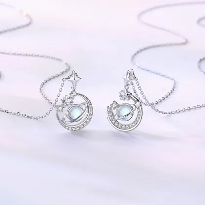 New 925 Sterling Silver Moonstone Planet Clavicle Chain Diamond Necklace - All-Match Women's Jewelry