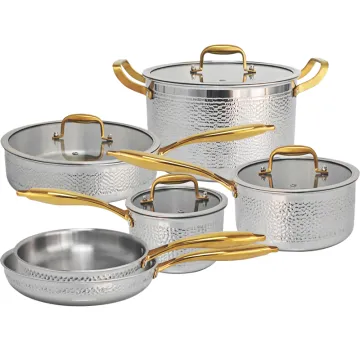 Wholesale and Retail 3 Ply Hammered Stainless Steel Cookware Set - 10Pcs Gold Induction Pot Set