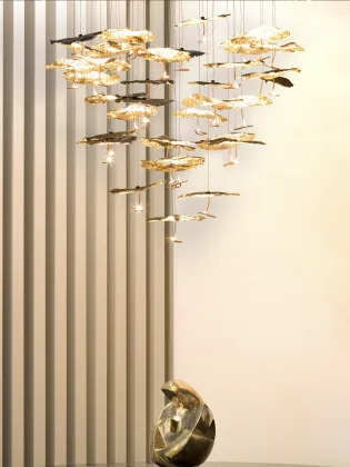 lobby indoor golden glass leaf chandelier
