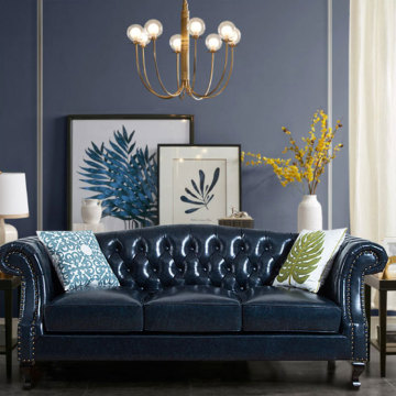 Vente chaude canapé en cuir Chesterfield en bleu marine traditionnel 3 places