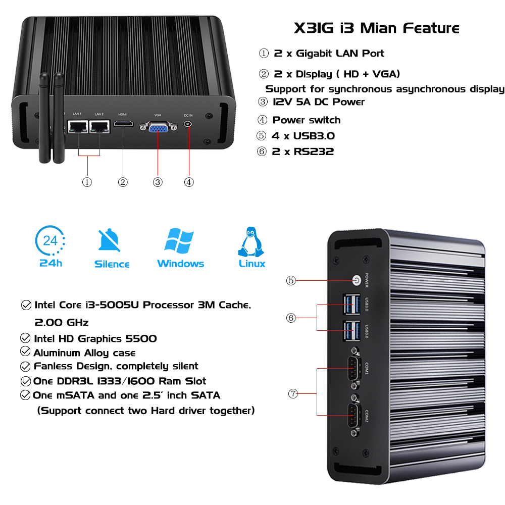 Fanless Industrial Computer Mini Pc Intel I3 1