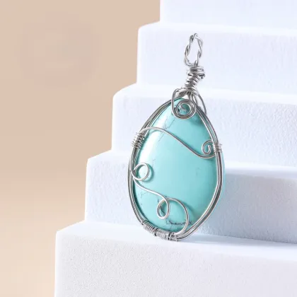 Black Obsidian 25x35MM Teardrop Wrapped Steel Wire Stone Pendant (28X50MM)