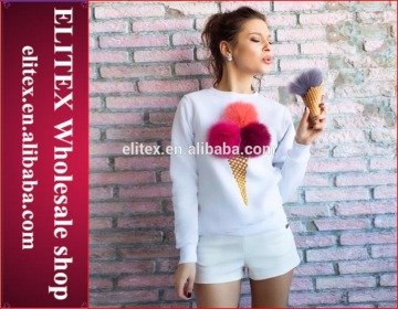 Wholesale white ice cream fur decorated fashion woman sweatshirt