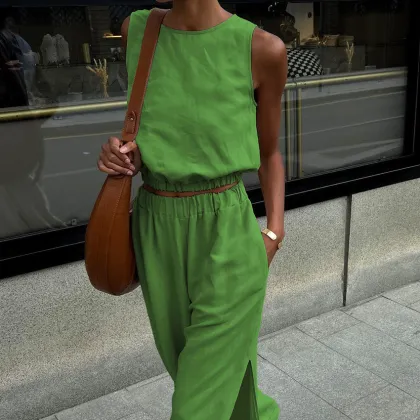 Summer Casual Cotton Linen Green Pants and Sleeveless Top Sets for Women 2024