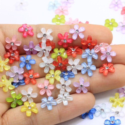 100pcs 10mm Resin Flower with Rhinestone Flatback Transparent Cabochon for Kids Girls DIY Jewelry Nail Art Decor Beads Crafts