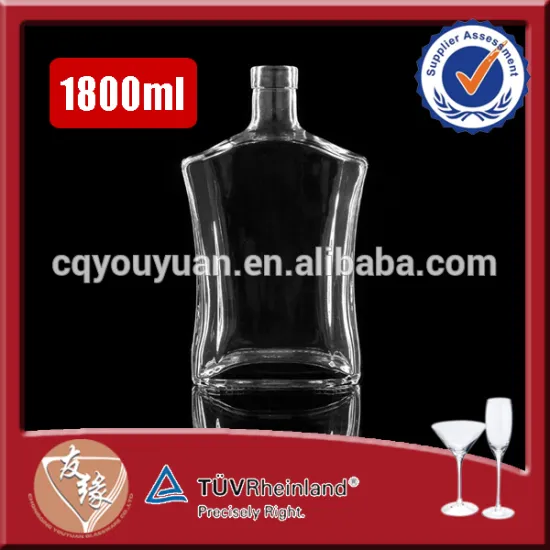 Flat square shape empty cork top1800ml large glass bottles for liquor