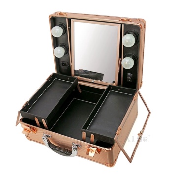 Portable vanity rose-gold makeup station case with lights