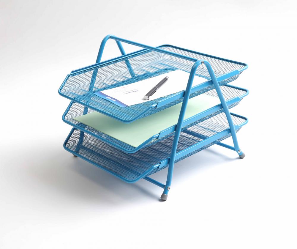 Blue Wire Metal Mesh Desk Organizer File Tray