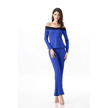 Women Spring Blue Solid Long Sleeve Slash Neck Quality of Milk Rayon Full Length Pajamas for Adult