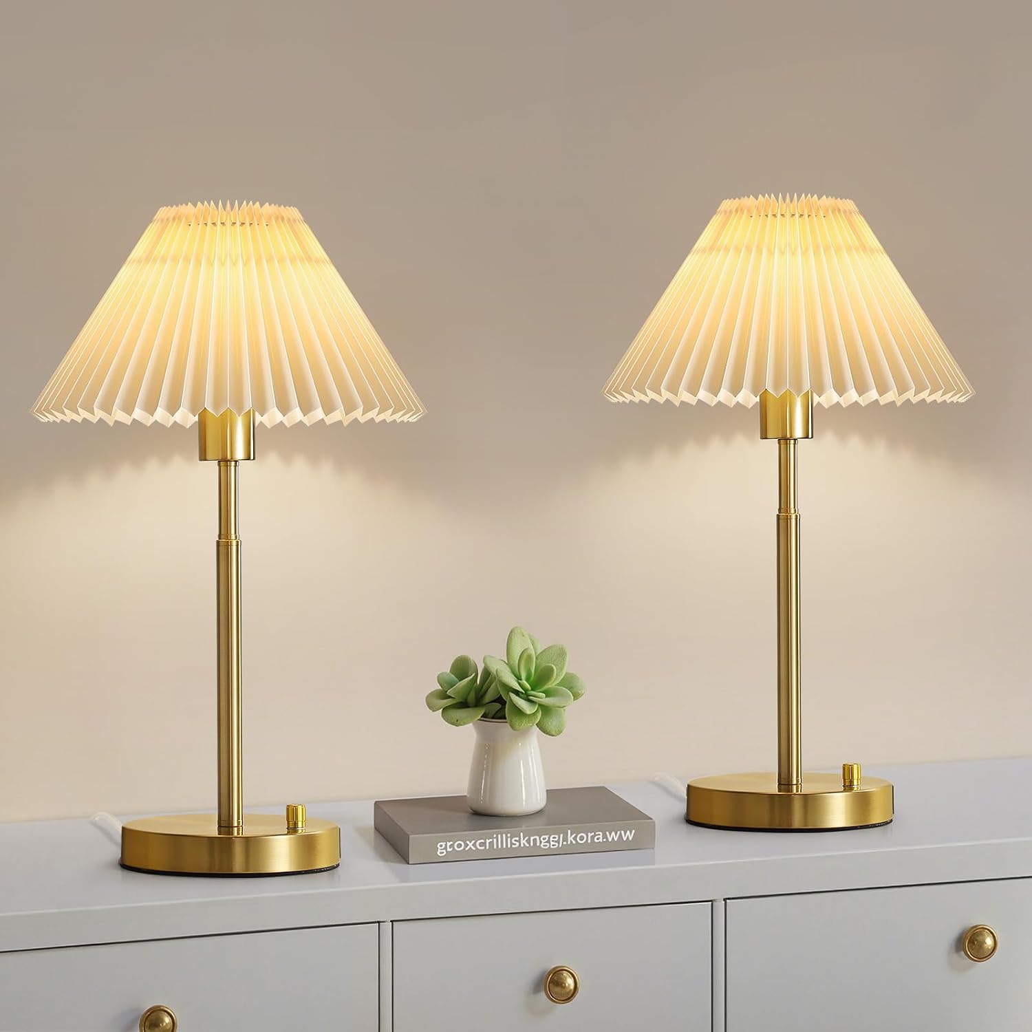 Rechargeable Gold Metal Bedside Lamp Set with Pleated Shade (8)
