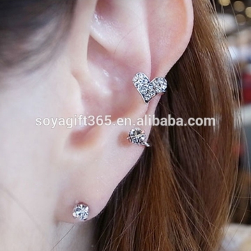 Full Rhinestone Heart Shape Ear Clips Exquisite Ear Studs Girl Gift