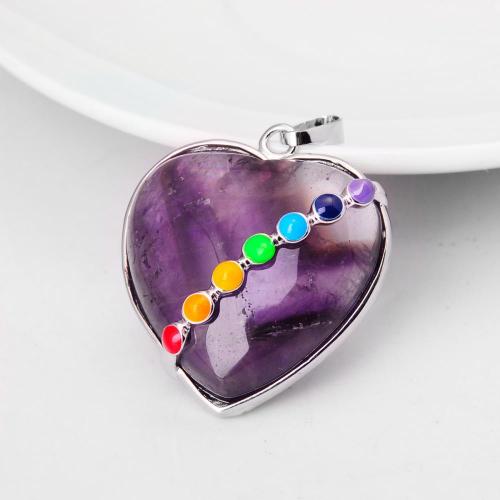 Seven Chakras Gemstone Amethyst Heart Pendant