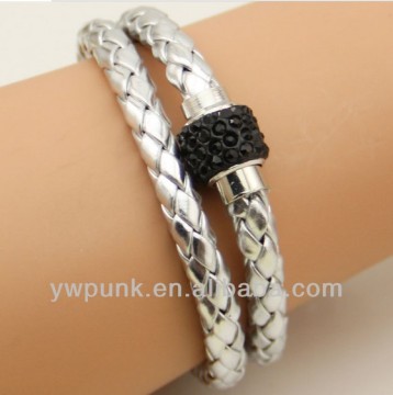 Supply DIY inlaid black rhinestones polymer clay magnetic clasps double turns silver PU leather bracelets women jewelry