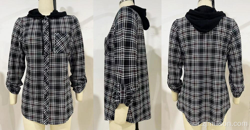 Lady's Autumn Black Checks Loose s kapucňou košeľa