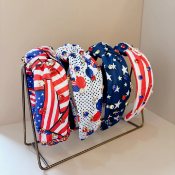 Rhinestone Knotted Headband - New American Flag Print Hair Hoop for National Independence Day