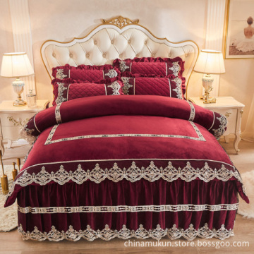 Quilted lace crystal velvet printed bedskirt sheet set