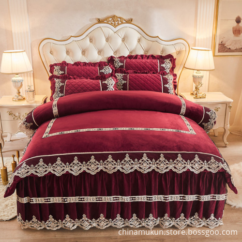 Quilted lace crystal velvet printed bedskirt sheet set