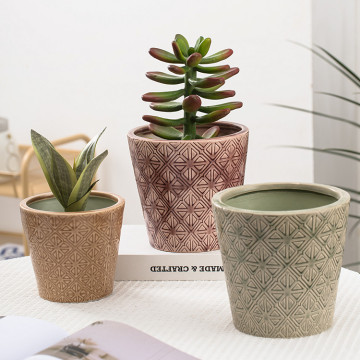 Embossed Design Glazed Ceramic Planters: Indoor Garden Decor, Planter Pots for Bonsai and Houseplants