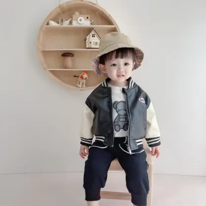 Children's Bear Embroidered Leather Jacket