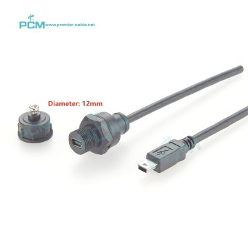 12mm Waterproof Mini USB Extension Cable with IP67 Nut Lock, 30cm Flush Panel Mount
