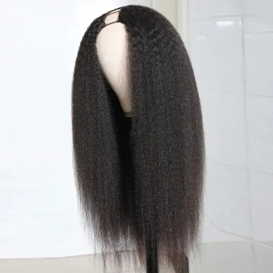16 Inch U Part Kinky Curly Yaki Straight Human Hair Wig for Black Women