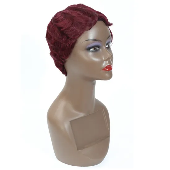 Short Pixie Cut Finger Wave Wig 100% Human Hair, 99j# Non Lace Machine Made Pixie Wavy Short Human Hair Wigs for Black Women