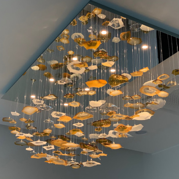 Handmade Leaf Glass Amber Clear Transparent Leaves Chandelier Pendant Light for Hotel Lobby