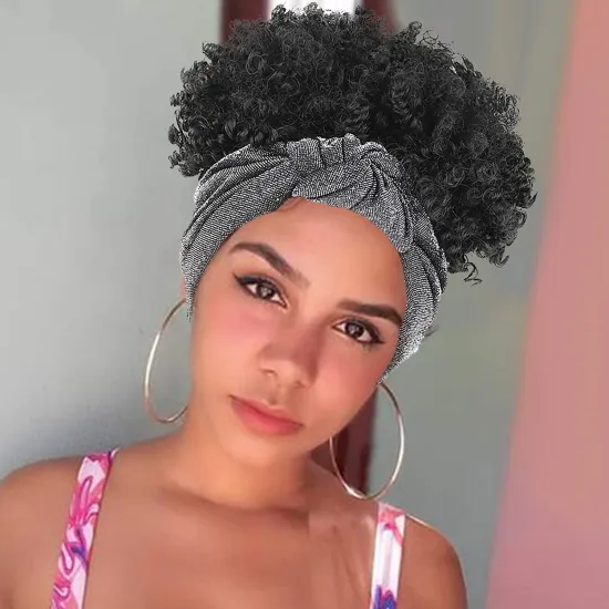 Hot Selling  Short Kinky Curly Headband Wigs for Black Women with Headband Attached Black Turban Scarf Deep Jerry Curl Wig