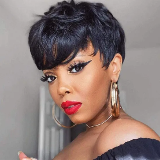 Human Hair Short Pixie Cut Wigs with Bangs Short Black Layered Wavy Wigs for Women Finer wave Hair Wig