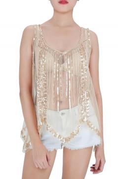 Embroidered Sequin See Through Tank Tops